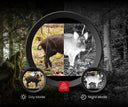 Thermal rifle scope view showing day and night modes for predator hunting in forest