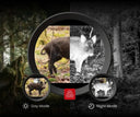 Thermal rifle scope view showing day and night modes for predator hunting with LRF, IR, and VIS tech