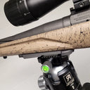 Thermal rifle scope with camo stock mounted on Artoise LB62 tripod for predator hunting