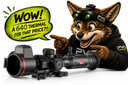 PVO Thermal 640 thermal rifle scope with Guide logo, cartoon coyote mascot pointing, wow price speech bubble