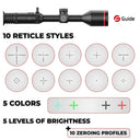 Guide thermal rifle scope with 10 reticle styles, 5 colors, 5 brightness levels, and 10 zeroing profiles