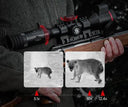 Thermal rifle scope with 3.1x to 12.4x zoom displaying coyote targets for predator hunting