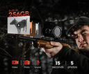 Hunter using thermal rifle scope with 256GB storage, capturing video, photo, and sound in low light