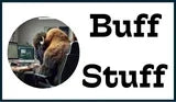 Buff Stuff logo with dog at computer, unrelated to thermal scopes or hunting gear