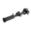 Black thermal rifle scope with adjustable turrets and lens cap, ideal for predator hunting