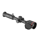 Black thermal rifle scope with red accent, adjustable knobs, and lens cover for predator hunting